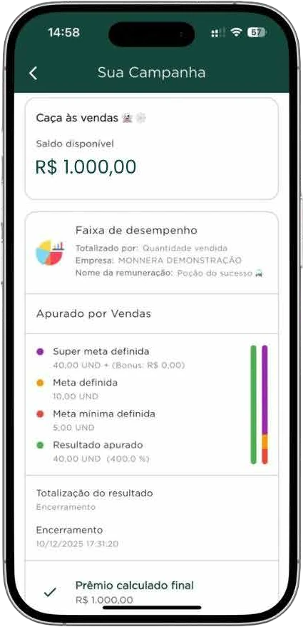 Aplicativo do vendedor: saldo disponível, faixas de desempenho, resultado apurado e prêmio calculado.
